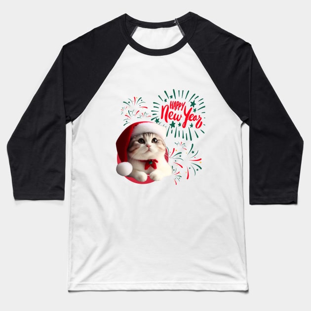 Cute Cat Happy New Year ,Brafdesign Baseball T-Shirt by Brafdesign